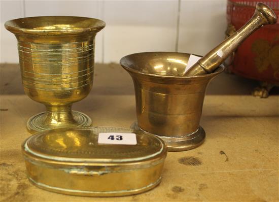 18th century bronze pestle mand mortar, brass pedestal vase and an early 19th century Dutch oval brass tobacco box